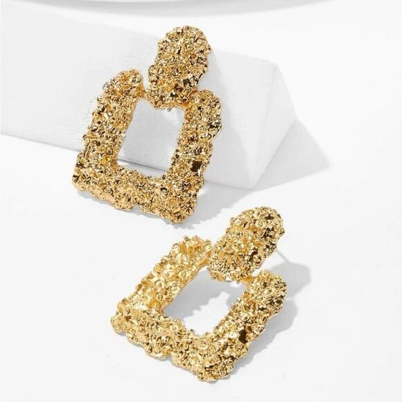 Gold Textured Square Drop Earrings - Picture 1 of 3